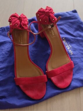 Aquazzura Red Suede Ankle-Strap Block Heels with Studded Bow